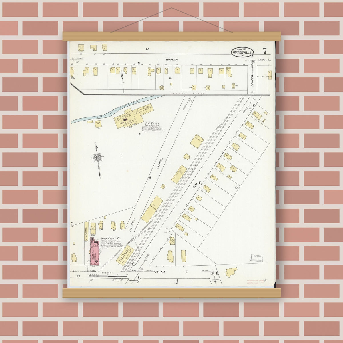 Old map wall art mockup — magnetic wood frame on brick wall — Sanborn Fire Insurance Map from Waterville, Oneida County, New York (1912), Sheet #0007