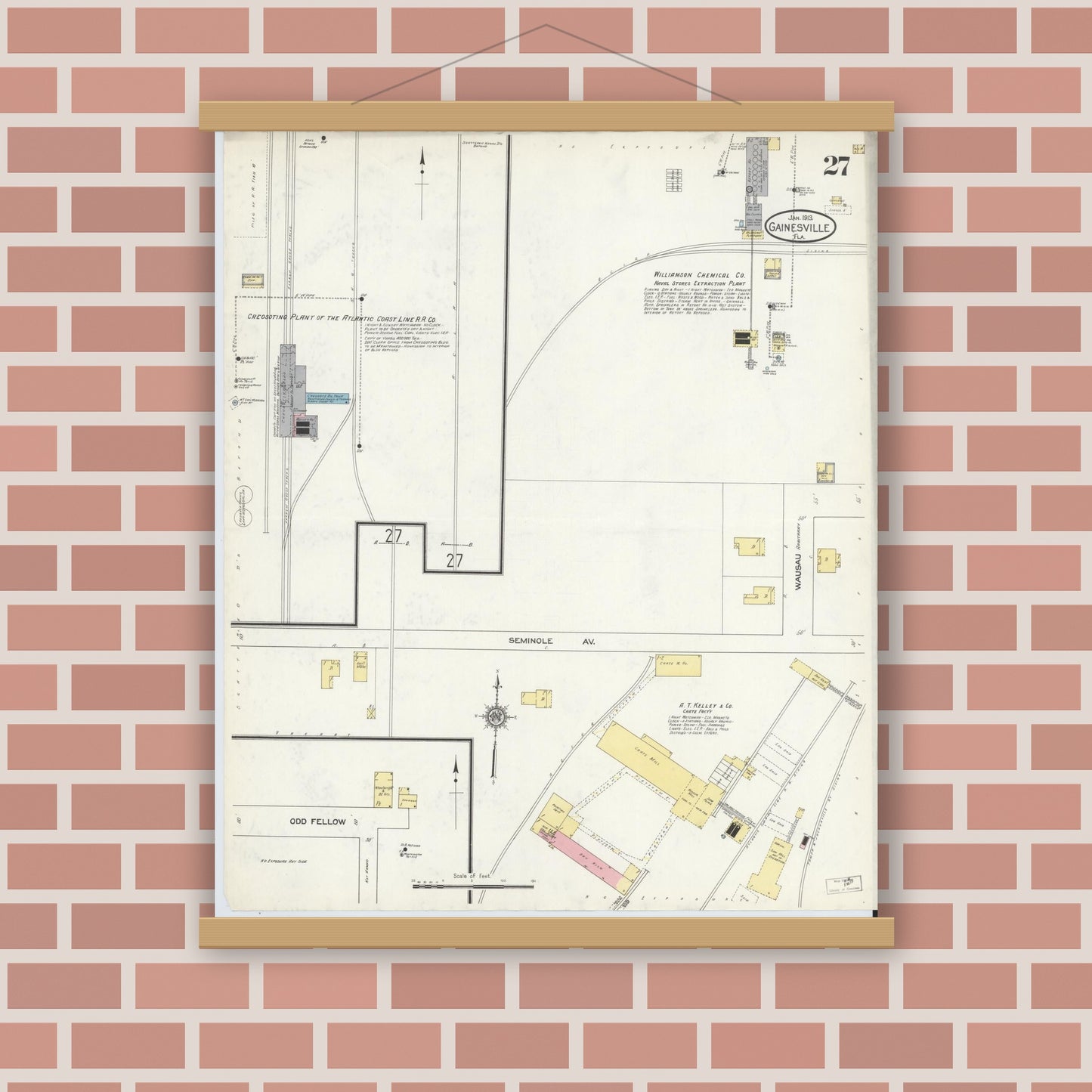 Old map wall art mockup — magnetic wood frame on brick wall — Sanborn Fire Insurance Map from Gainesville, Alachua County, Florida (1913), Sheet #0027