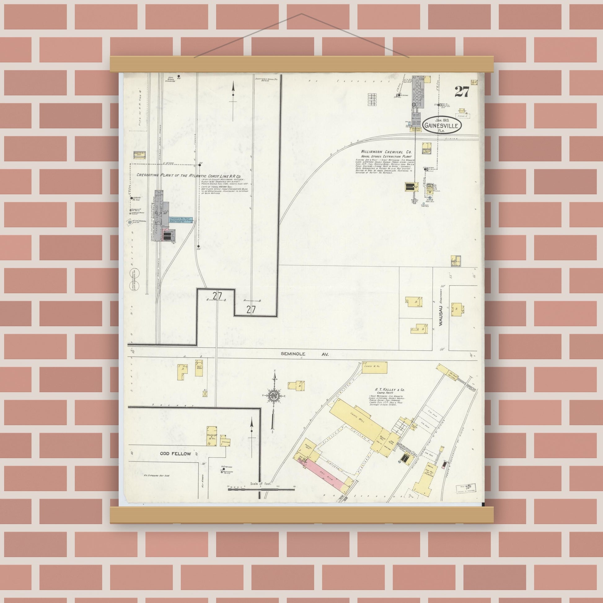 Old map wall art mockup — magnetic wood frame on brick wall — Sanborn Fire Insurance Map from Gainesville, Alachua County, Florida (1913), Sheet #0027