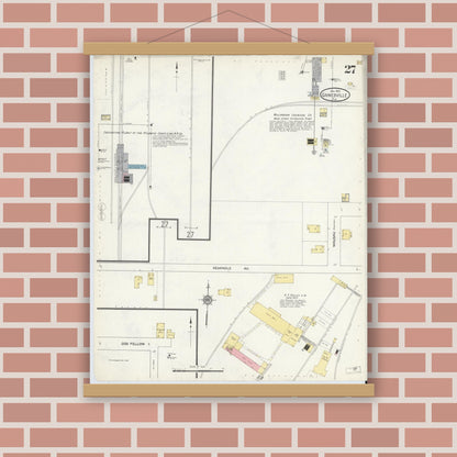 Old map wall art mockup — magnetic wood frame on brick wall — Sanborn Fire Insurance Map from Gainesville, Alachua County, Florida (1913), Sheet #0027