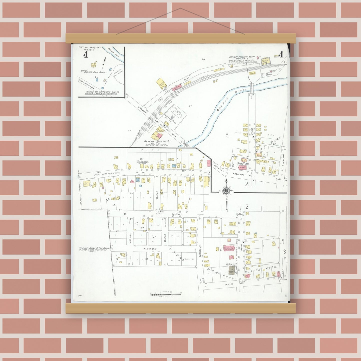 Old map wall art mockup — magnetic wood frame on brick wall — Sanborn Fire Insurance Map from Fort Recovery, Mercer County, Ohio (1946), Sheet #0004