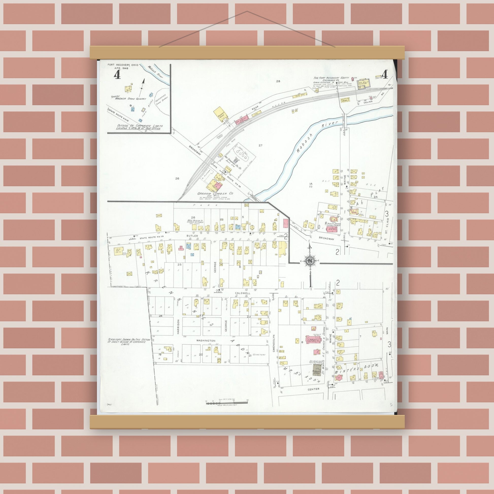 Old map wall art mockup — magnetic wood frame on brick wall — Sanborn Fire Insurance Map from Fort Recovery, Mercer County, Ohio (1946), Sheet #0004