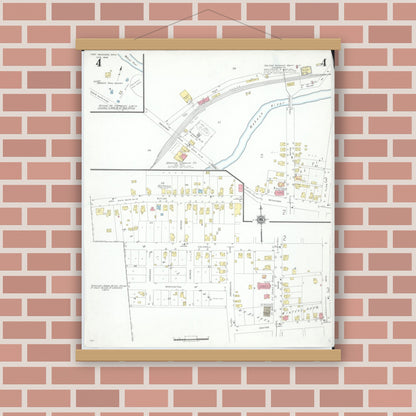 Old map wall art mockup — magnetic wood frame on brick wall — Sanborn Fire Insurance Map from Fort Recovery, Mercer County, Ohio (1946), Sheet #0004