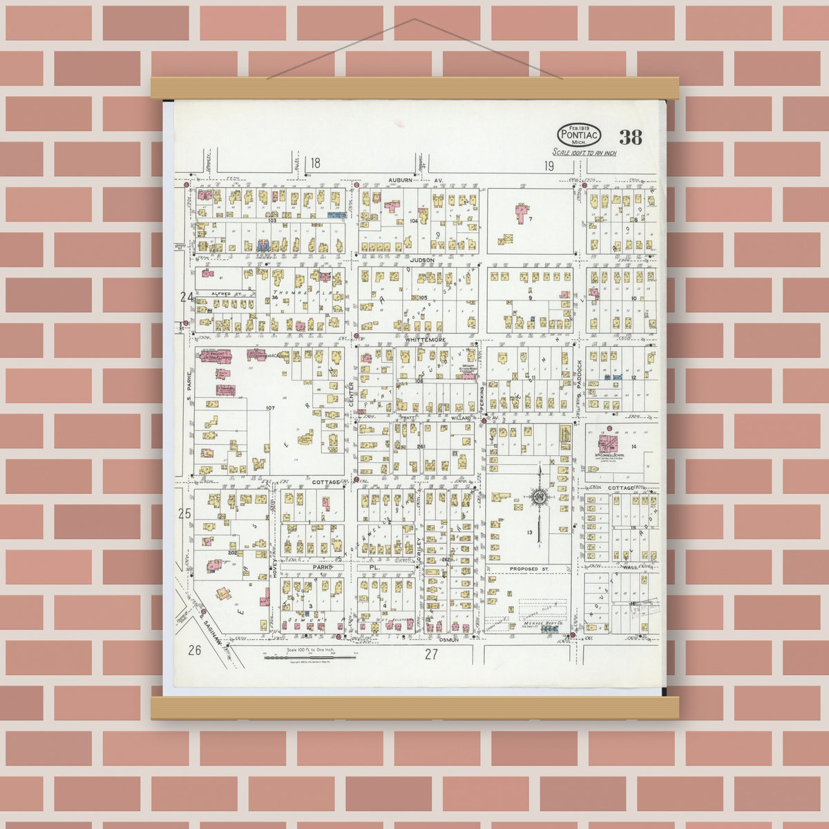 Old map wall art mockup — magnetic wood frame on brick wall — Sanborn Fire Insurance Map from Pontiac, Oakland County, Michigan (1919), Sheet #0038
