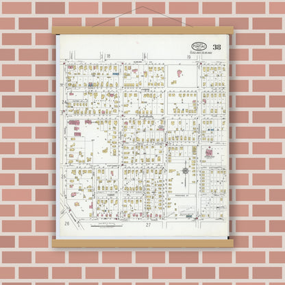 Old map wall art mockup — magnetic wood frame on brick wall — Sanborn Fire Insurance Map from Pontiac, Oakland County, Michigan (1919), Sheet #0038