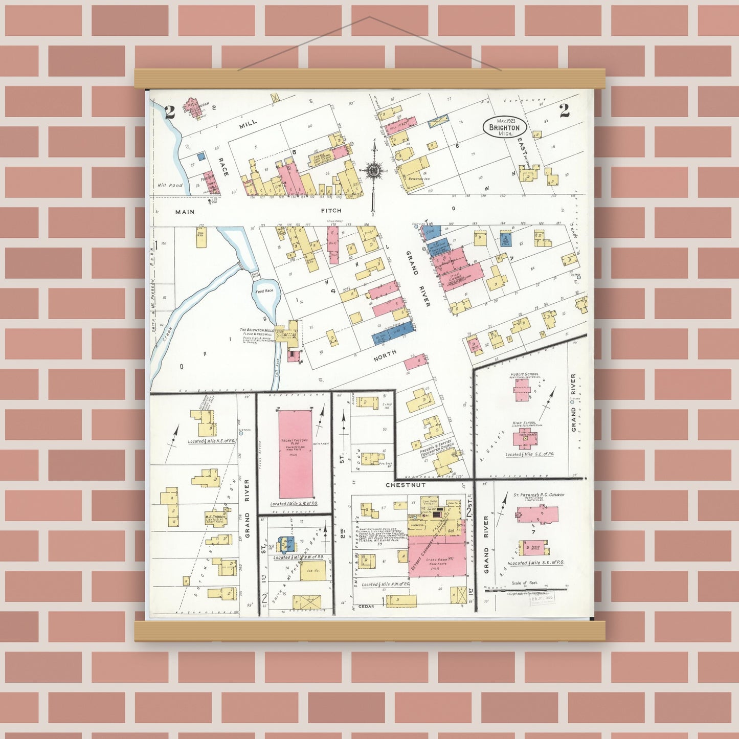 Old map wall art mockup — magnetic wood frame on brick wall — Sanborn Fire Insurance Map from Brighton, Livingston County, Michigan (1923), Sheet #0002