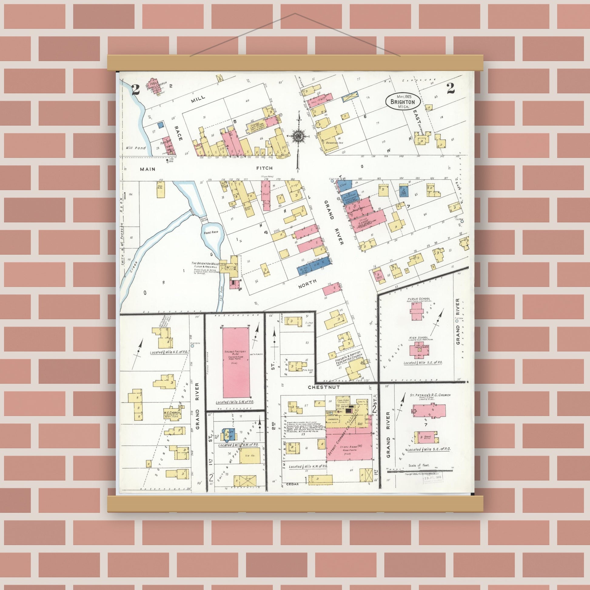 Old map wall art mockup — magnetic wood frame on brick wall — Sanborn Fire Insurance Map from Brighton, Livingston County, Michigan (1923), Sheet #0002