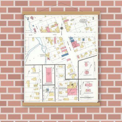 Old map wall art mockup — magnetic wood frame on brick wall — Sanborn Fire Insurance Map from Brighton, Livingston County, Michigan (1923), Sheet #0002