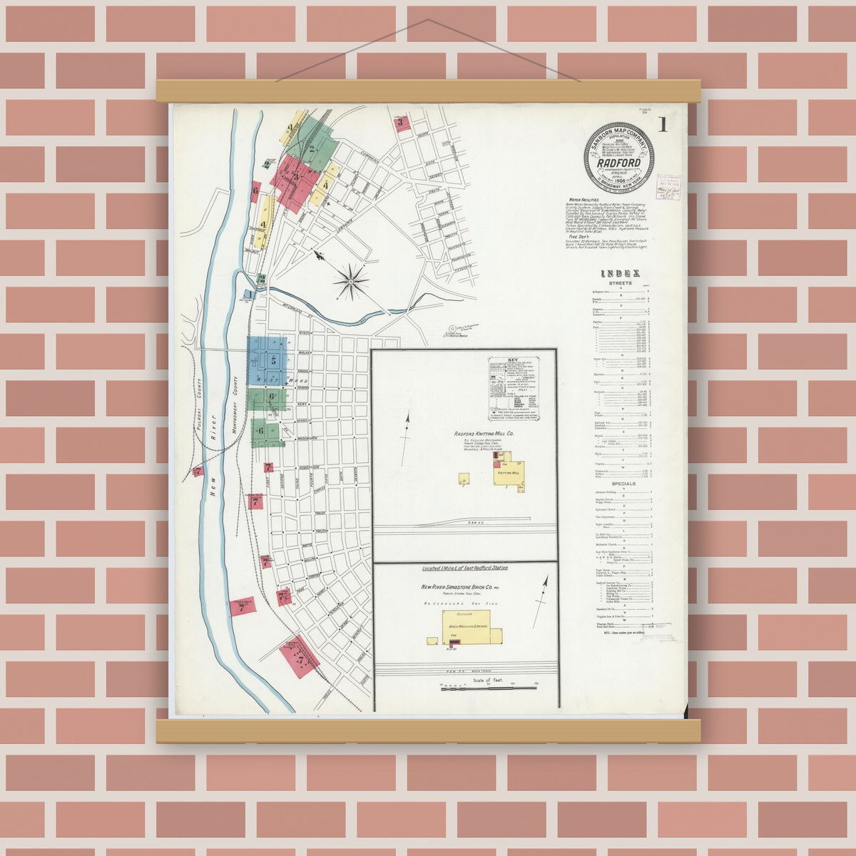 Old map wall art mockup — magnetic wood frame on brick wall — Sanborn Fire Insurance Map from Radford, Independent Cities, Virginia (1908) - Complete Map Set