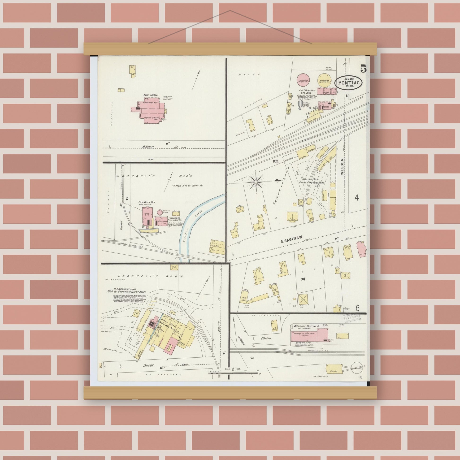 Old map wall art mockup — magnetic wood frame on brick wall — Sanborn Fire Insurance Map from Pontiac, Oakland County, Michigan (1898), Sheet #0005