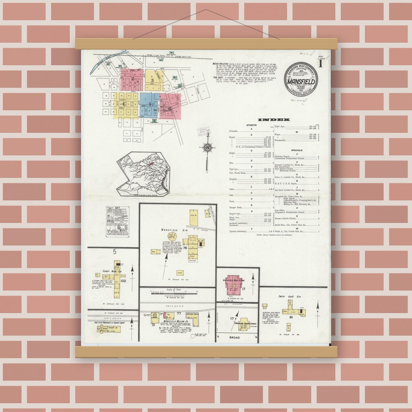 Old map wall art mockup — magnetic wood frame on brick wall — Sanborn Fire Insurance Map from Mansfield, Tarrant County, Texas (1921), Sheet #0001