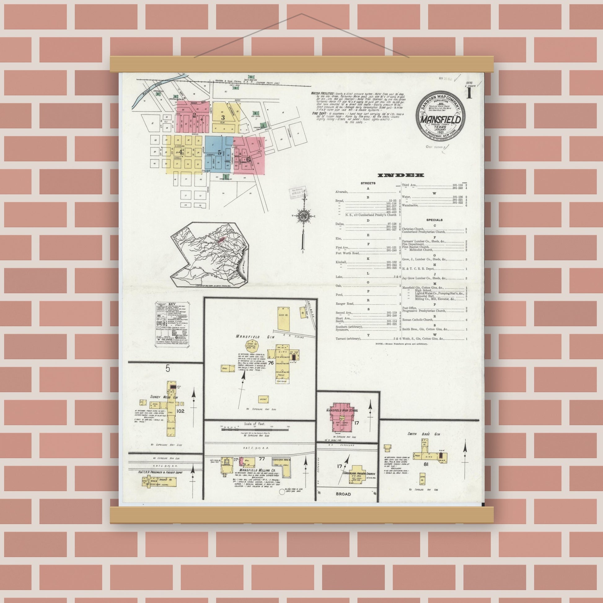 Old map wall art mockup — magnetic wood frame on brick wall — Sanborn Fire Insurance Map from Mansfield, Tarrant County, Texas (1921), Sheet #0001