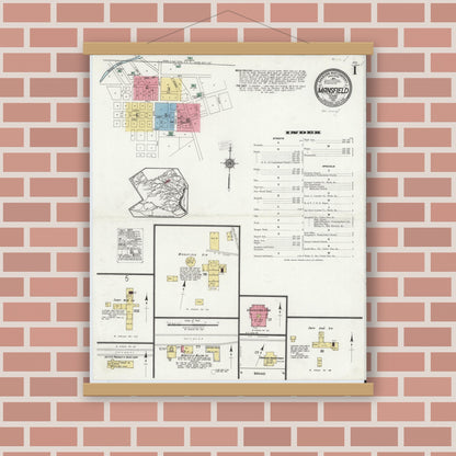 Old map wall art mockup — magnetic wood frame on brick wall — Sanborn Fire Insurance Map from Mansfield, Tarrant County, Texas (1921), Sheet #0001