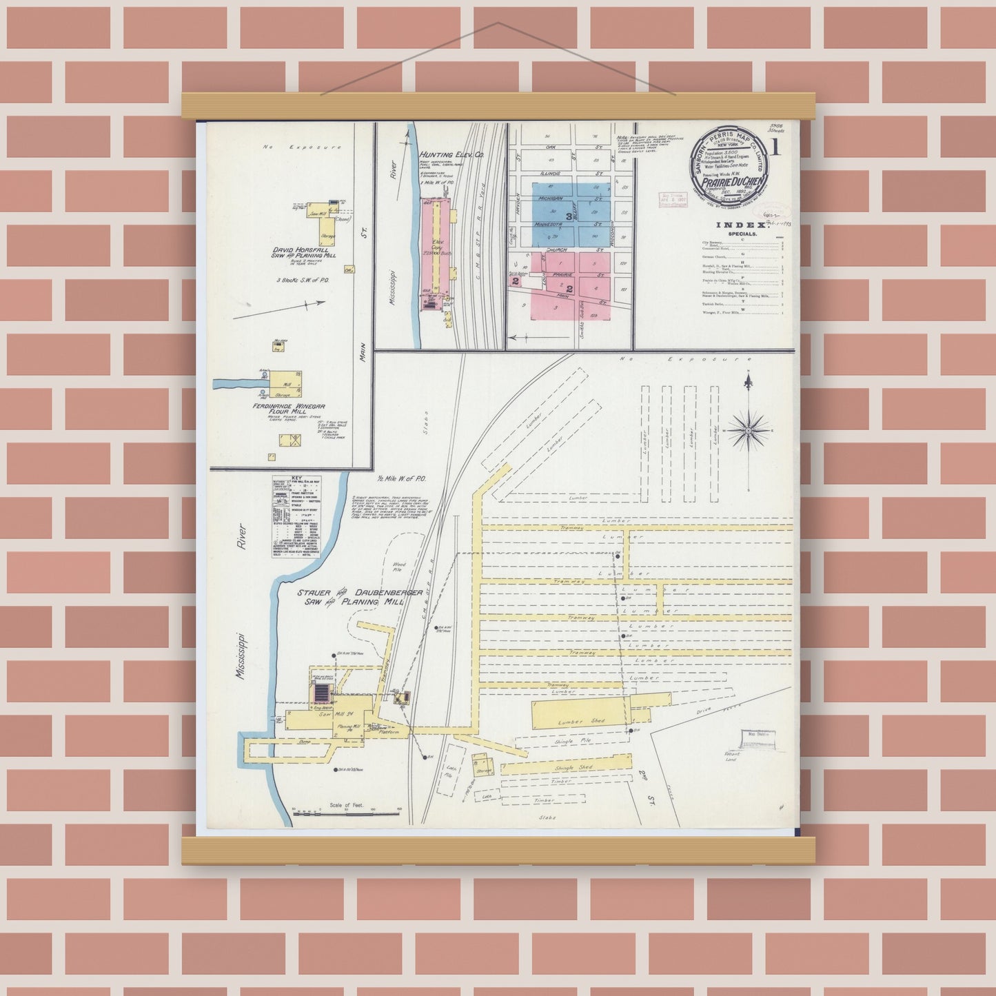 Old map wall art mockup — magnetic wood frame on brick wall — Sanborn Fire Insurance Map from Prairie du Chien, Crawford County, Wisconsin (1892) - Complete Map Set