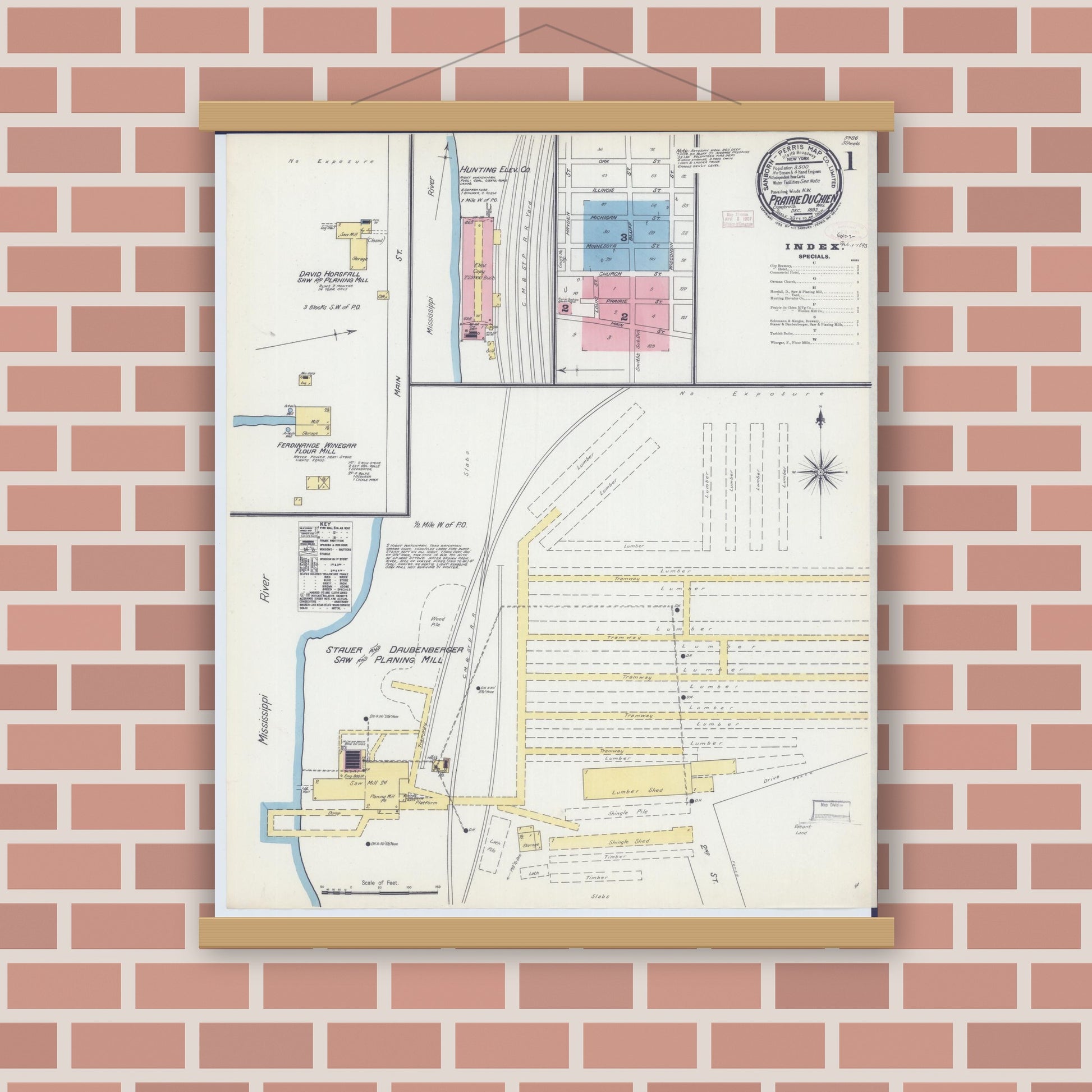 Old map wall art mockup — magnetic wood frame on brick wall — Sanborn Fire Insurance Map from Prairie du Chien, Crawford County, Wisconsin (1892) - Complete Map Set