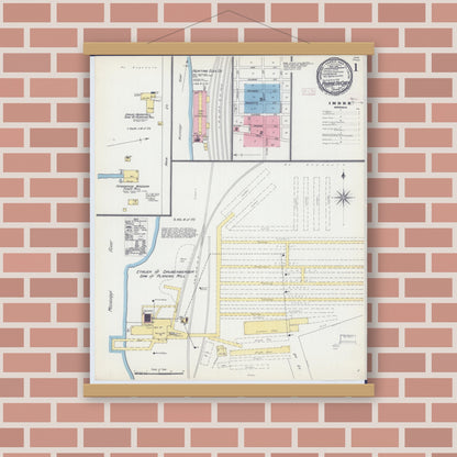 Old map wall art mockup — magnetic wood frame on brick wall — Sanborn Fire Insurance Map from Prairie du Chien, Crawford County, Wisconsin (1892) - Complete Map Set