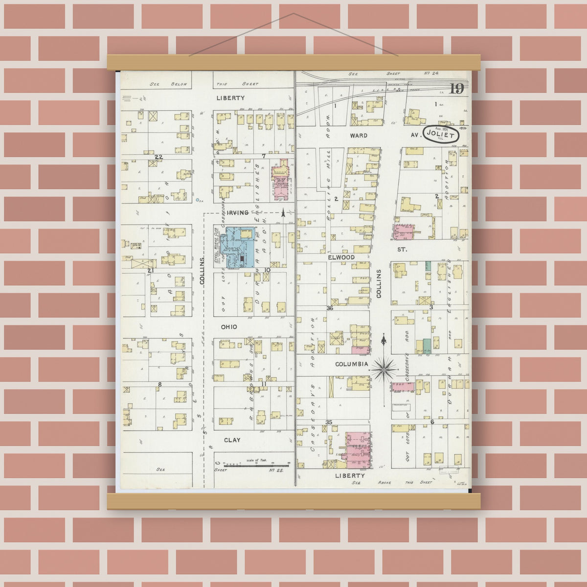 Old map wall art mockup — magnetic wood frame on brick wall — Sanborn Fire Insurance Map from Joliet, Will County, Illinois (1891), Sheet #0019