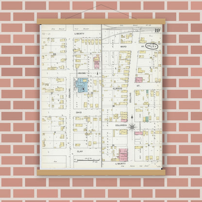 Old map wall art mockup — magnetic wood frame on brick wall — Sanborn Fire Insurance Map from Joliet, Will County, Illinois (1891), Sheet #0019