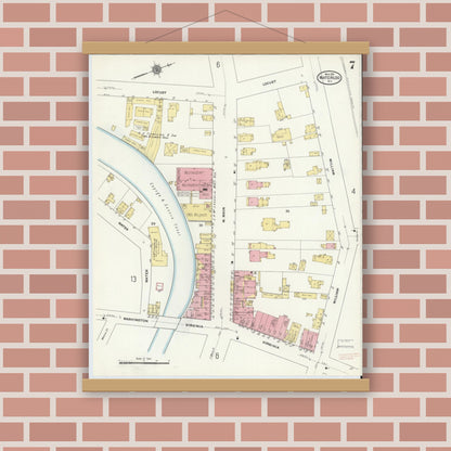 Old map wall art mockup — magnetic wood frame on brick wall — Sanborn Fire Insurance Map from Waterloo, Seneca County, New York (1911), Sheet #0007