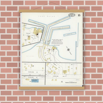 Old map wall art mockup — magnetic wood frame on brick wall — Sanborn Fire Insurance Map from Cheboygan, Cheboygan County, Michigan (1915), Sheet #0015