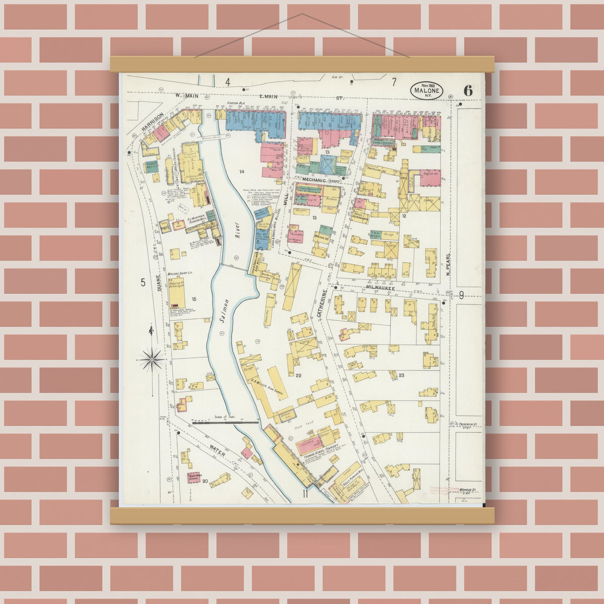 Old map wall art mockup — magnetic wood frame on brick wall — Sanborn Fire Insurance Map from Malone, Franklin County, New York (1903), Sheet #0006