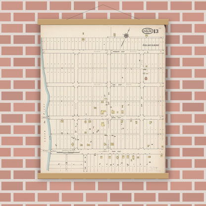 Old map wall art mockup — magnetic wood frame on brick wall — Sanborn Fire Insurance Map from Uvalde, Uvalde County, Texas (1922), Sheet #0013