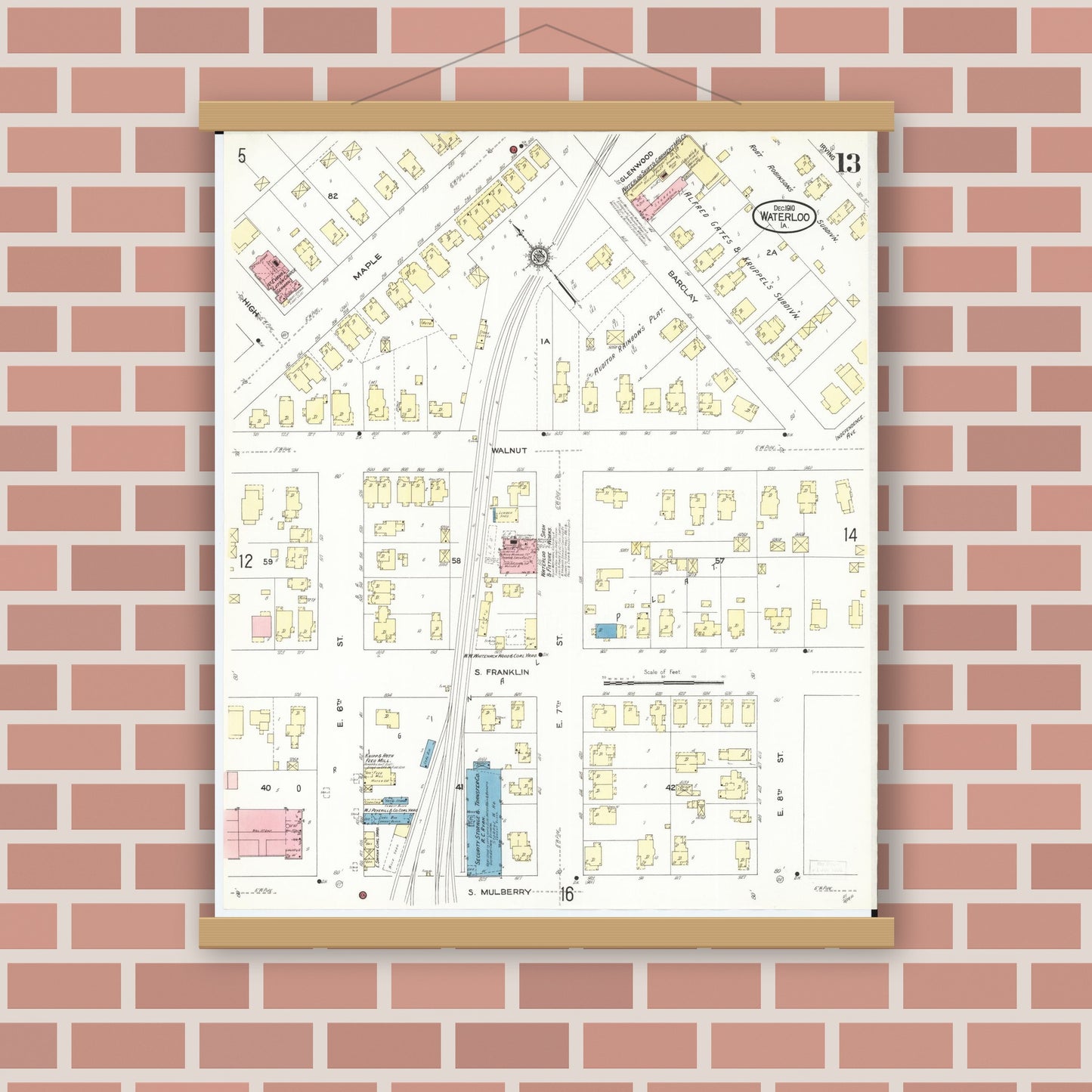 Old map wall art mockup — magnetic wood frame on brick wall — Sanborn Fire Insurance Map from Waterloo, Black Hawk County, Iowa (1910), Sheet #0013