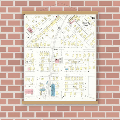 Old map wall art mockup — magnetic wood frame on brick wall — Sanborn Fire Insurance Map from Waterloo, Black Hawk County, Iowa (1910), Sheet #0013