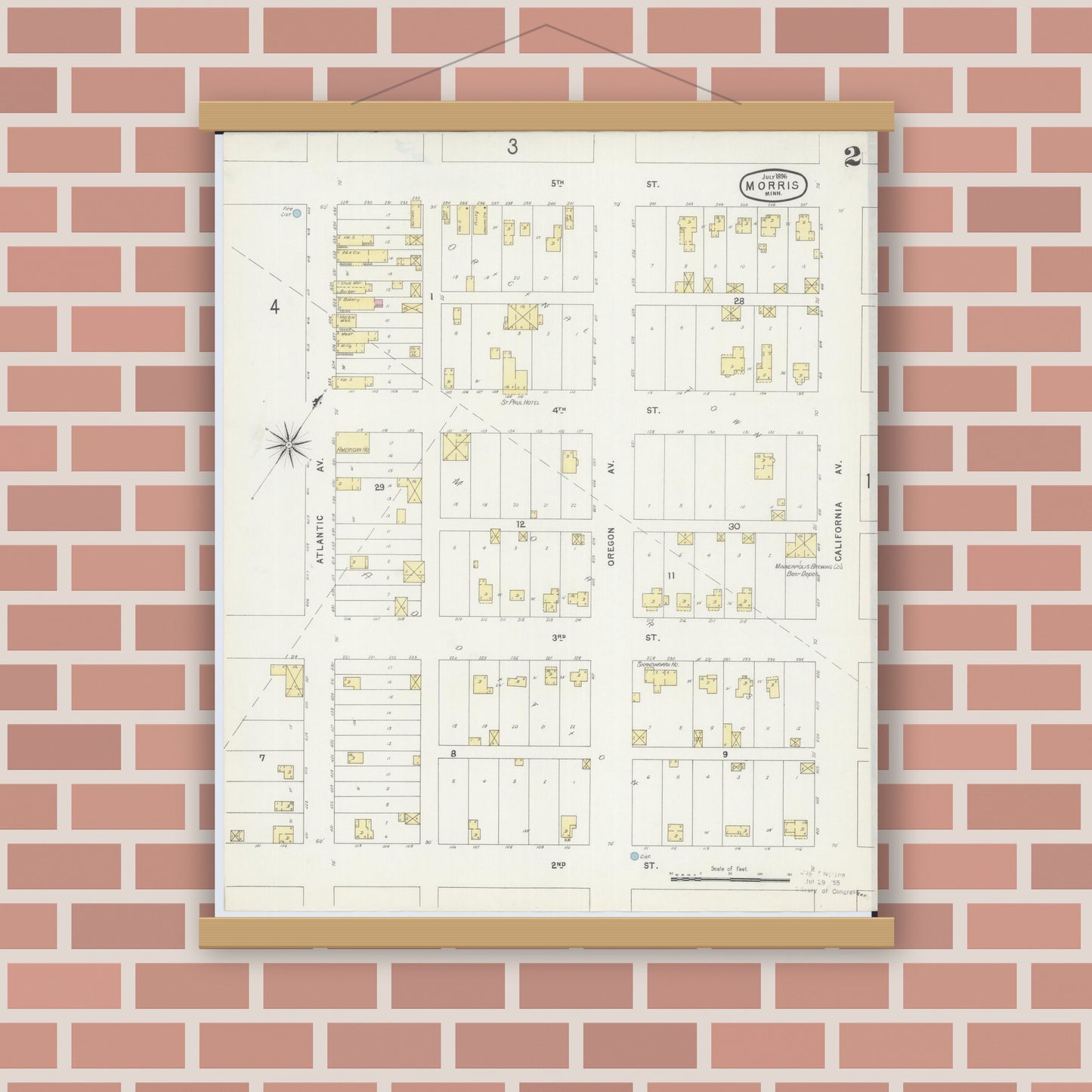 Old map wall art mockup — magnetic wood frame on brick wall — Sanborn Fire Insurance Map from Morris, Stevens County, Minnesota (1896), Sheet #0002