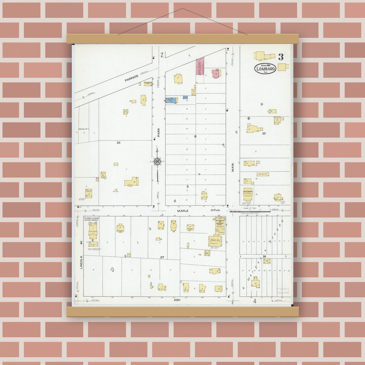 Old map wall art mockup — magnetic wood frame on brick wall — Sanborn Fire Insurance Map from Lombard, Du Page County, Illinois (1919), Sheet #0003