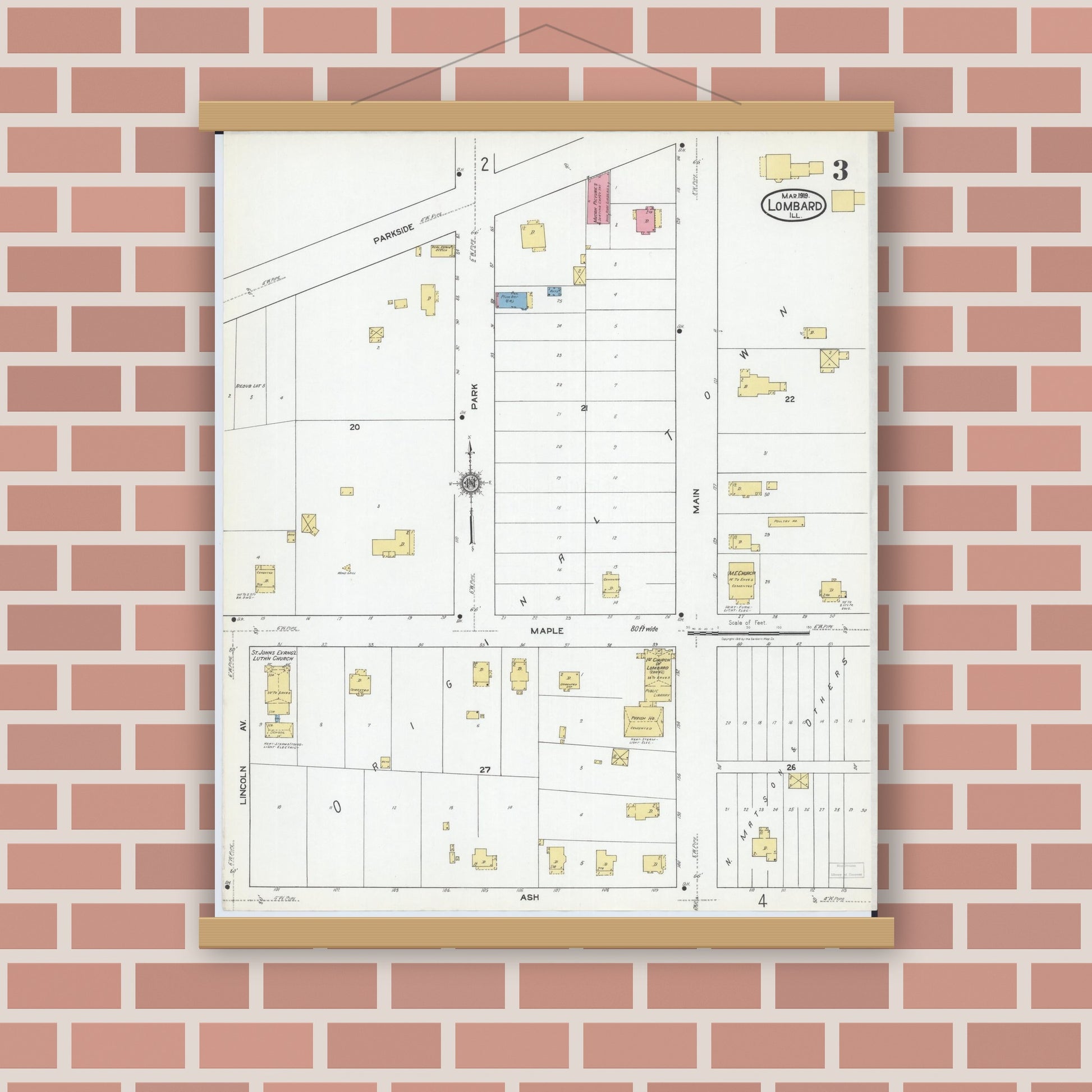 Old map wall art mockup — magnetic wood frame on brick wall — Sanborn Fire Insurance Map from Lombard, Du Page County, Illinois (1919), Sheet #0003