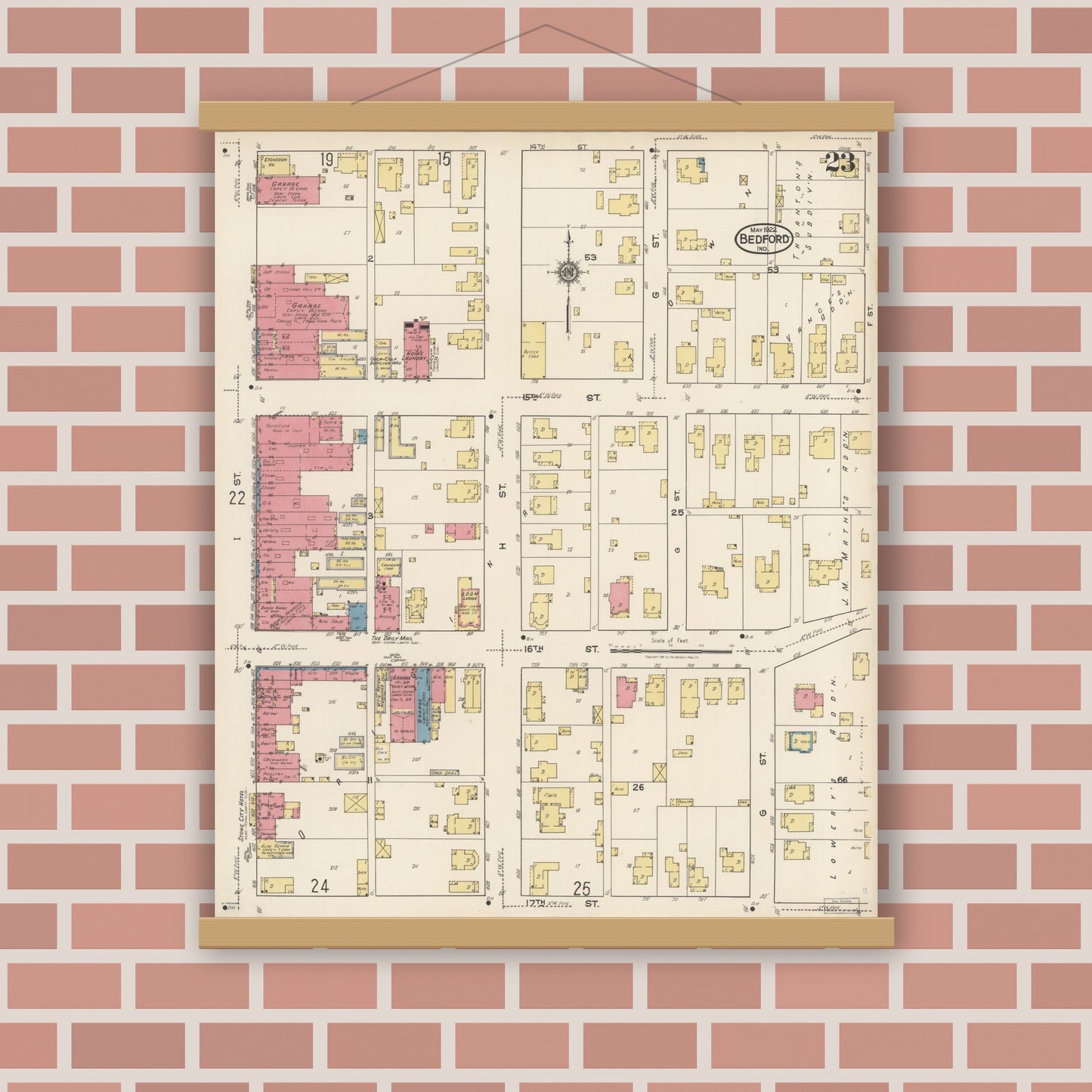 Old map wall art mockup — magnetic wood frame on brick wall — Sanborn Fire Insurance Map from Bedford, Lawrence County, Indiana (1922), Sheet #0023