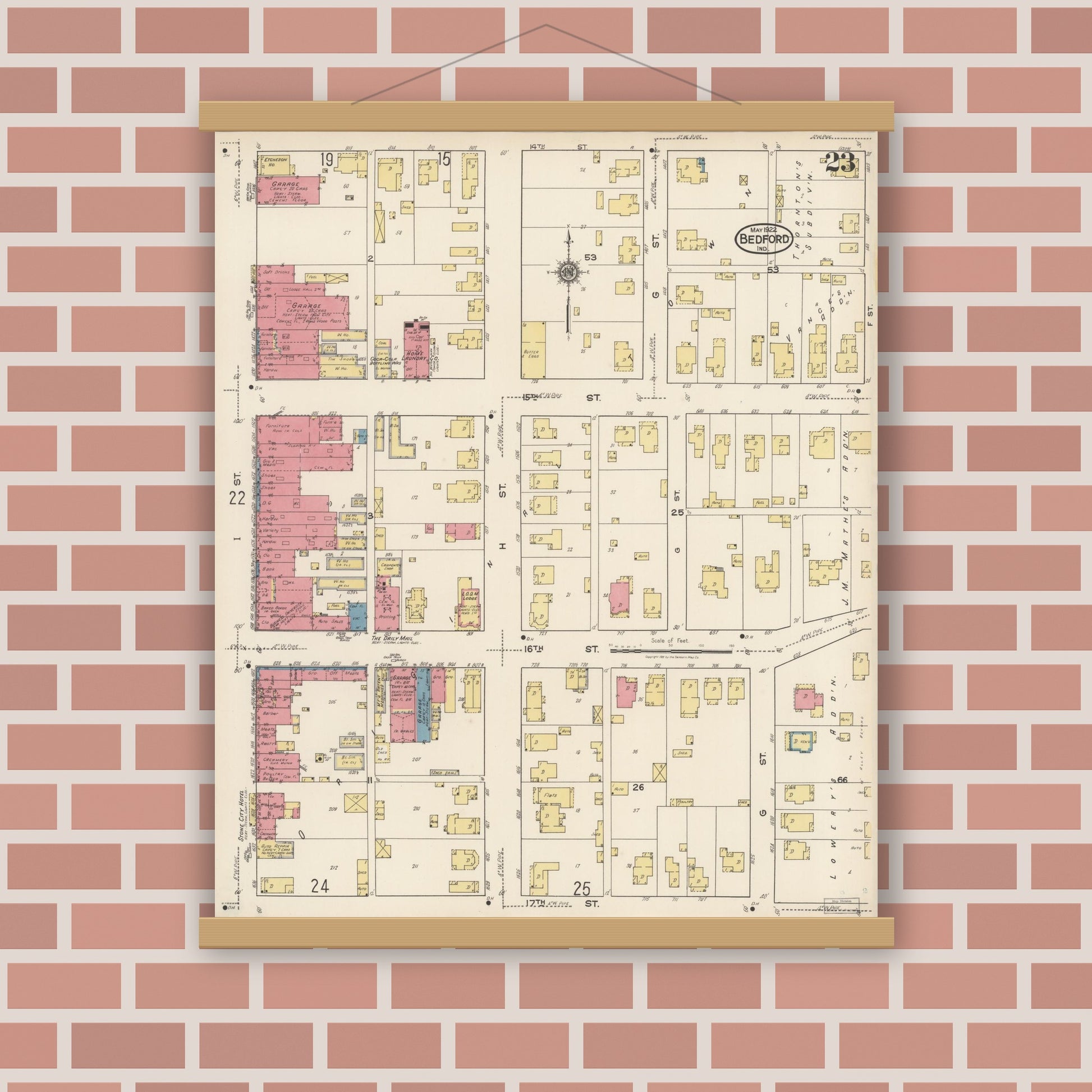 Old map wall art mockup — magnetic wood frame on brick wall — Sanborn Fire Insurance Map from Bedford, Lawrence County, Indiana (1922), Sheet #0023