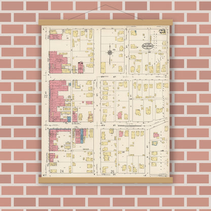 Old map wall art mockup — magnetic wood frame on brick wall — Sanborn Fire Insurance Map from Bedford, Lawrence County, Indiana (1922), Sheet #0023