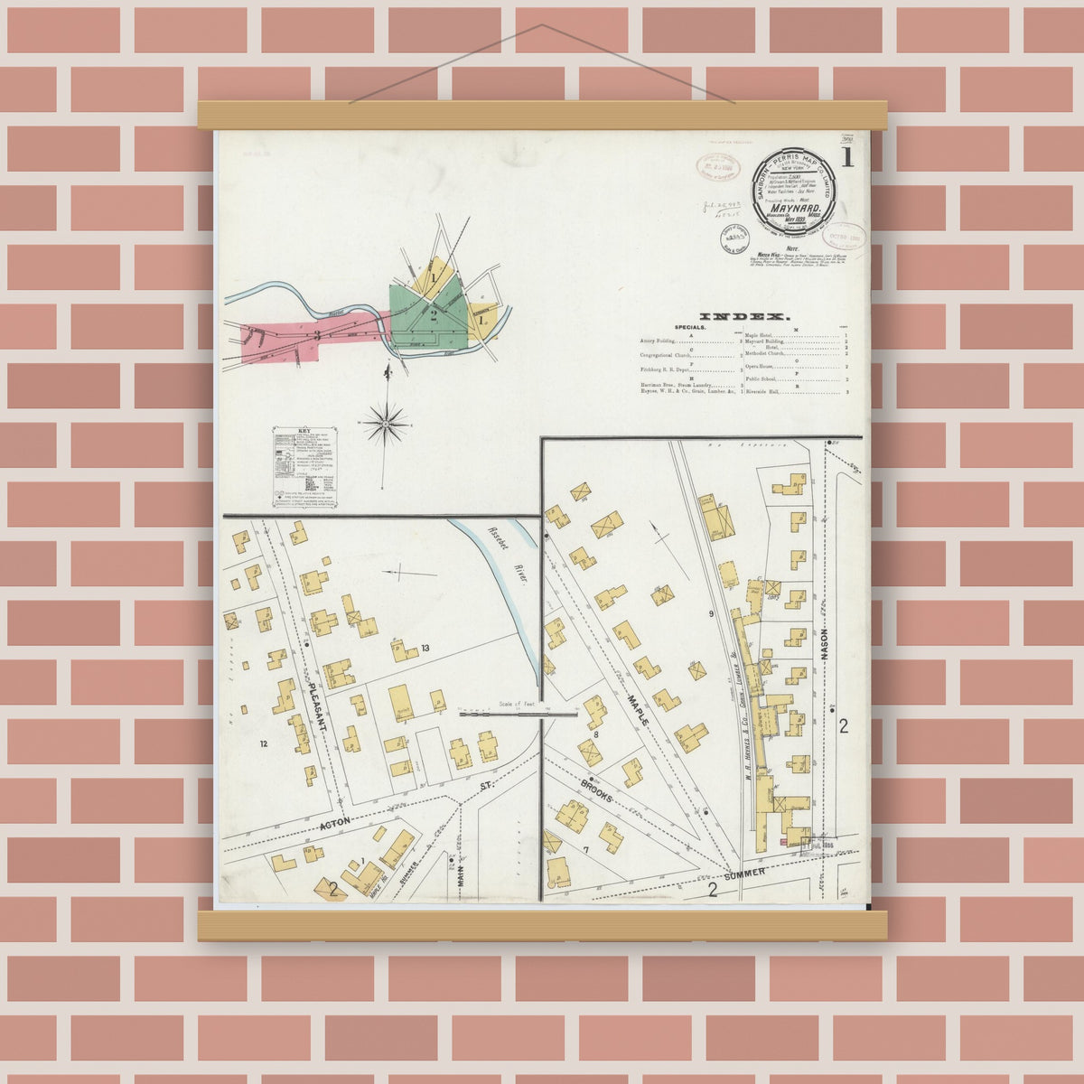 Old map wall art mockup — magnetic wood frame on brick wall — Sanborn Fire Insurance Map from Maynard, Middlesex County, Massachusetts (1899), Sheet #0001