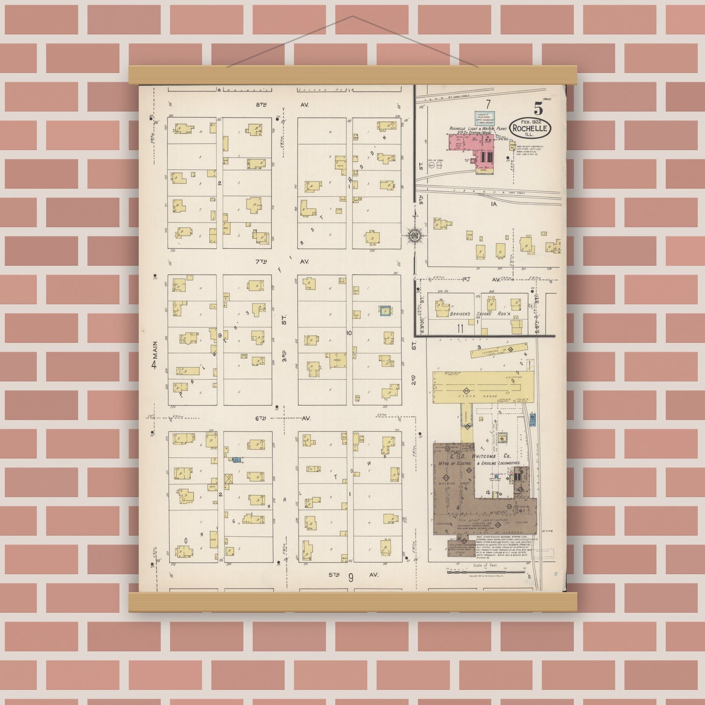 Old map wall art mockup — magnetic wood frame on brick wall — Sanborn Fire Insurance Map from Rochelle, Ogle County, Illinois (1922), Sheet #0005