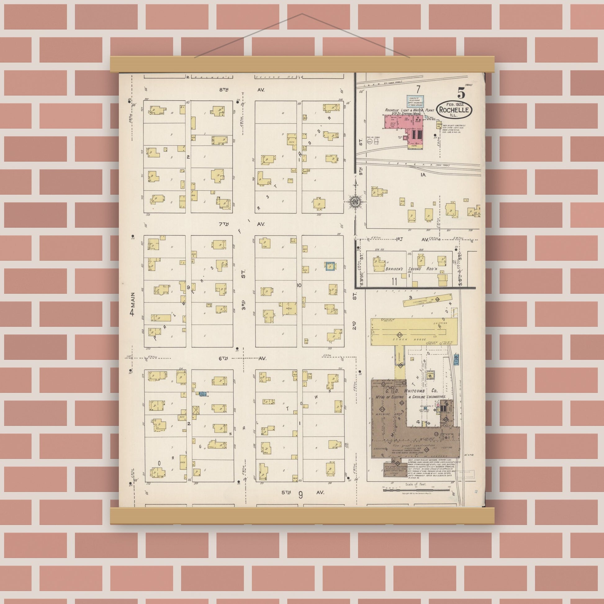 Old map wall art mockup — magnetic wood frame on brick wall — Sanborn Fire Insurance Map from Rochelle, Ogle County, Illinois (1922), Sheet #0005