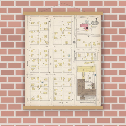 Old map wall art mockup — magnetic wood frame on brick wall — Sanborn Fire Insurance Map from Rochelle, Ogle County, Illinois (1922), Sheet #0005