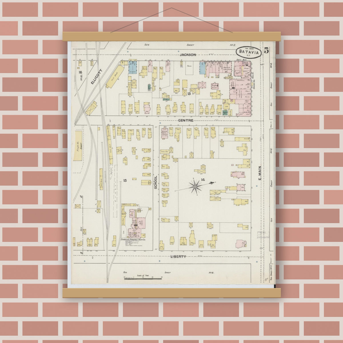 Old map wall art mockup — magnetic wood frame on brick wall — Sanborn Fire Insurance Map from Batavia, Genesee County, New York (1890), Sheet #0005