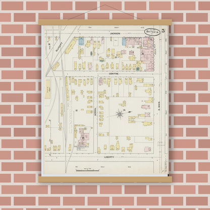 Old map wall art mockup — magnetic wood frame on brick wall — Sanborn Fire Insurance Map from Batavia, Genesee County, New York (1890), Sheet #0005