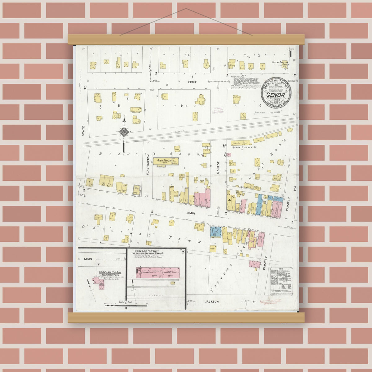 Old map wall art mockup — magnetic wood frame on brick wall — Sanborn Fire Insurance Map from Genoa, De Kalb County, Illinois (1912) - Complete Map Set