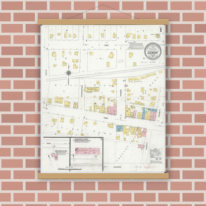 Old map wall art mockup — magnetic wood frame on brick wall — Sanborn Fire Insurance Map from Genoa, De Kalb County, Illinois (1912) - Complete Map Set