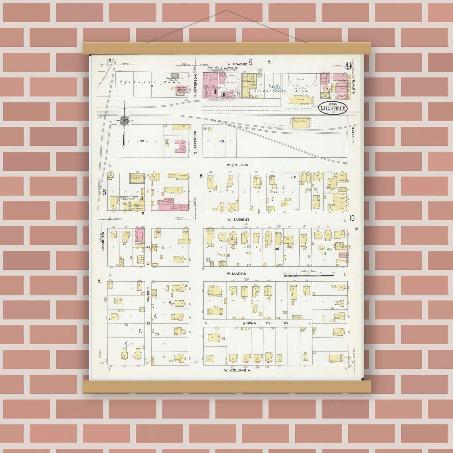 Old map wall art mockup — magnetic wood frame on brick wall — Sanborn Fire Insurance Map from Litchfield, Montgomery County, Illinois (1910), Sheet #0009