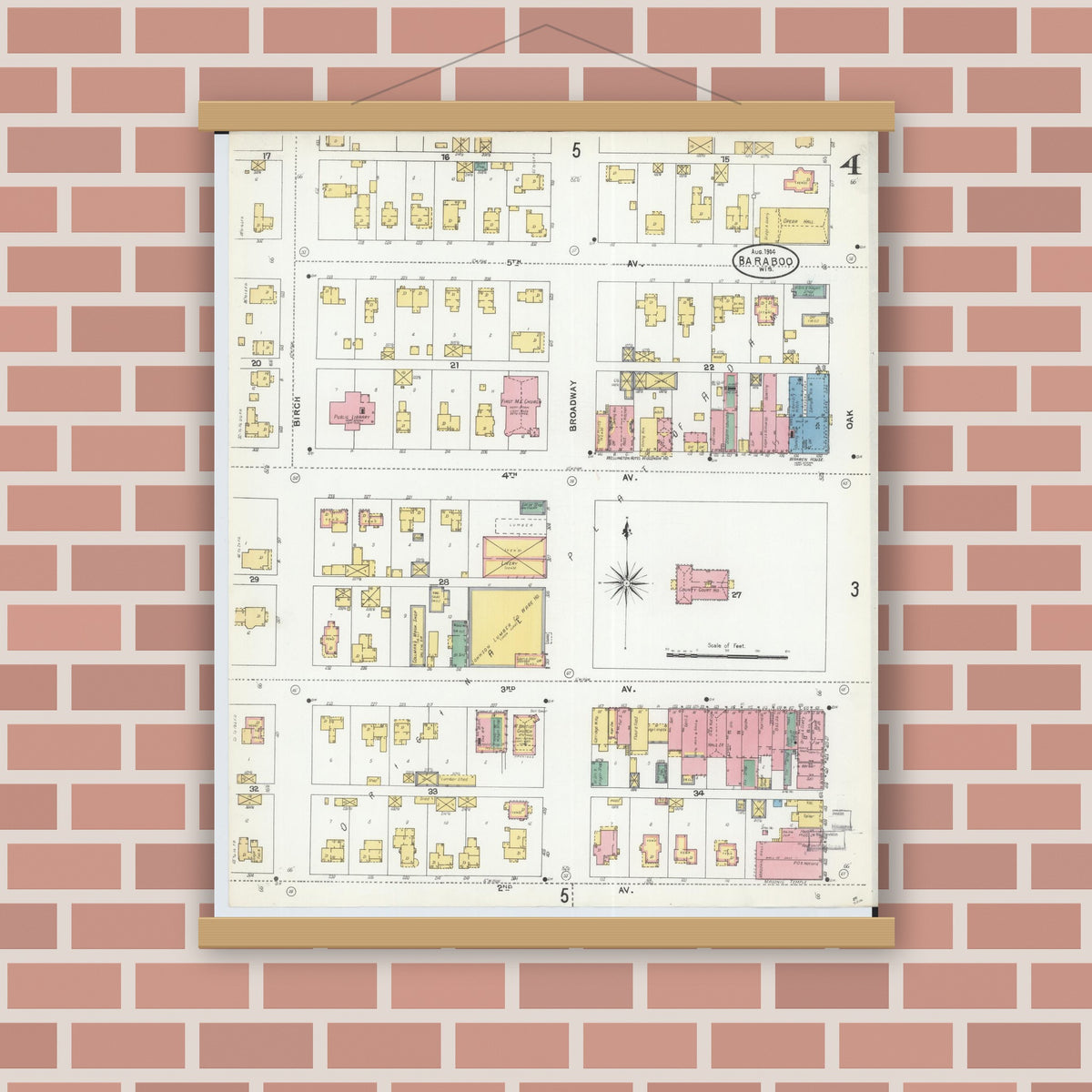 Old map wall art mockup — magnetic wood frame on brick wall — Sanborn Fire Insurance Map from Baraboo, Sauk County, Wisconsin (1904), Sheet #0004