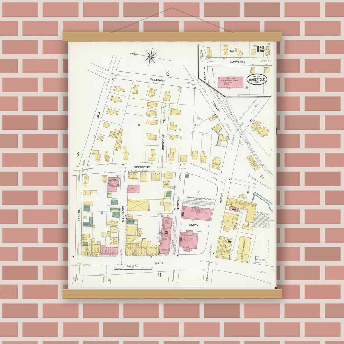 Old map wall art mockup — magnetic wood frame on brick wall — Sanborn Fire Insurance Map from Wakefield, Middlesex County, Massachusetts (1909), Sheet #0012