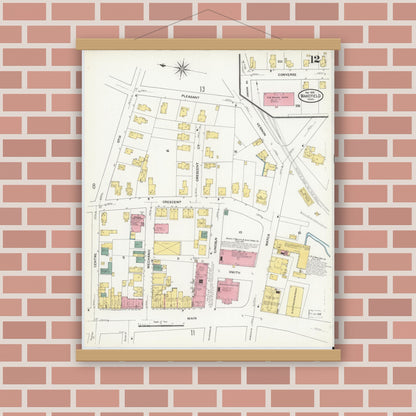 Old map wall art mockup — magnetic wood frame on brick wall — Sanborn Fire Insurance Map from Wakefield, Middlesex County, Massachusetts (1909), Sheet #0012