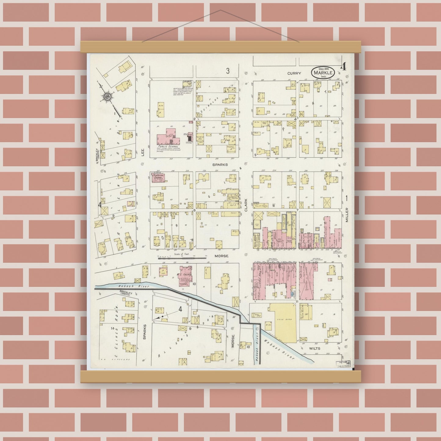 Old map wall art mockup — magnetic wood frame on brick wall — Sanborn Fire Insurance Map from Markle, Huntington County, Indiana (1914), Sheet #0004