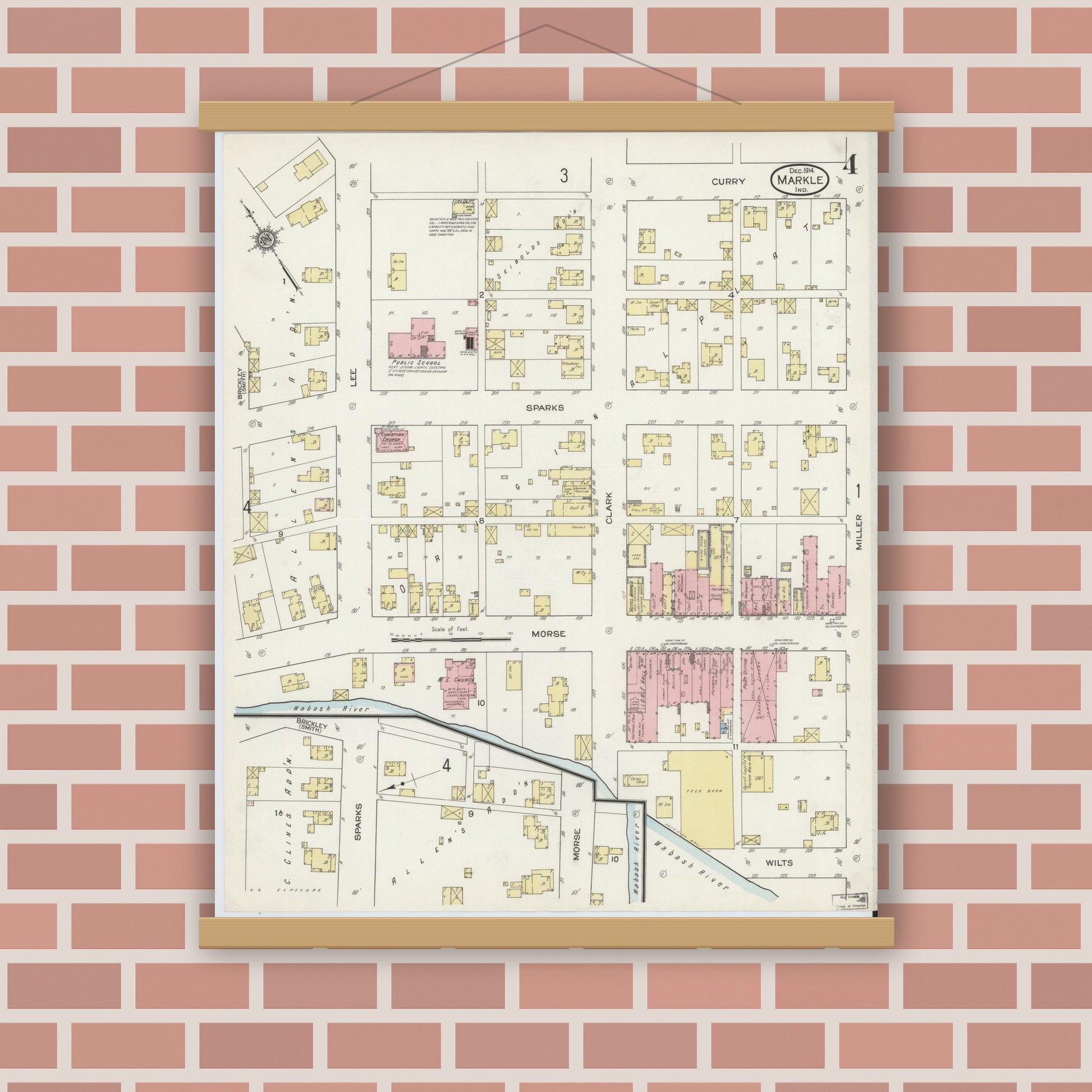 Old map wall art mockup — magnetic wood frame on brick wall — Sanborn Fire Insurance Map from Markle, Huntington County, Indiana (1914), Sheet #0004