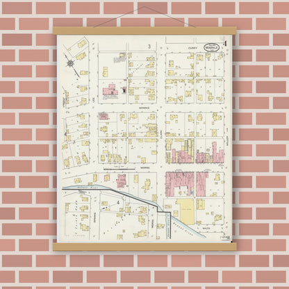 Old map wall art mockup — magnetic wood frame on brick wall — Sanborn Fire Insurance Map from Markle, Huntington County, Indiana (1914), Sheet #0004