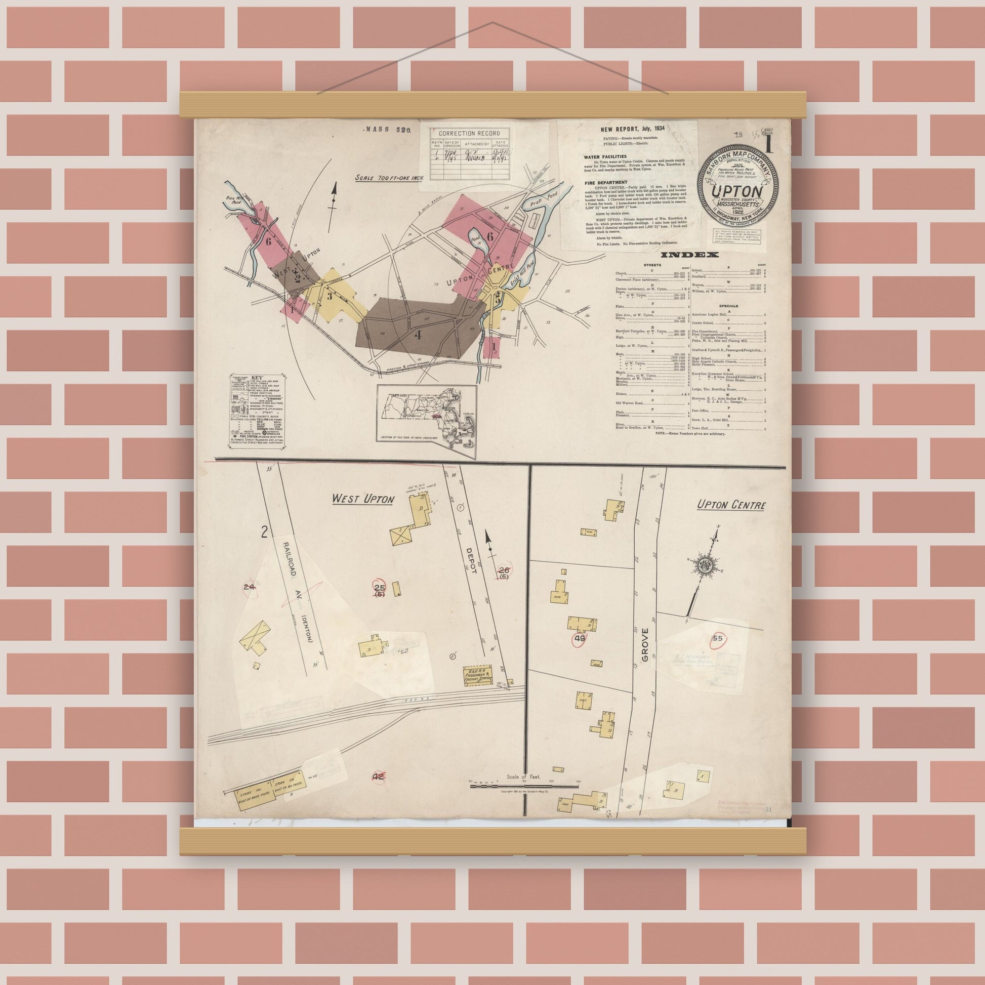 Old map wall art mockup — magnetic wood frame on brick wall — Sanborn Fire Insurance Map from Upton, Worcester County, Massachusetts (1945), Sheet #0001